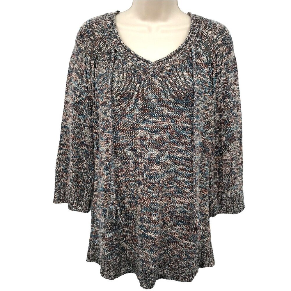 Sonoma Womens V Neck Tassle Tie Neck 3/4 Sleeve Multicolor Sweater Size S